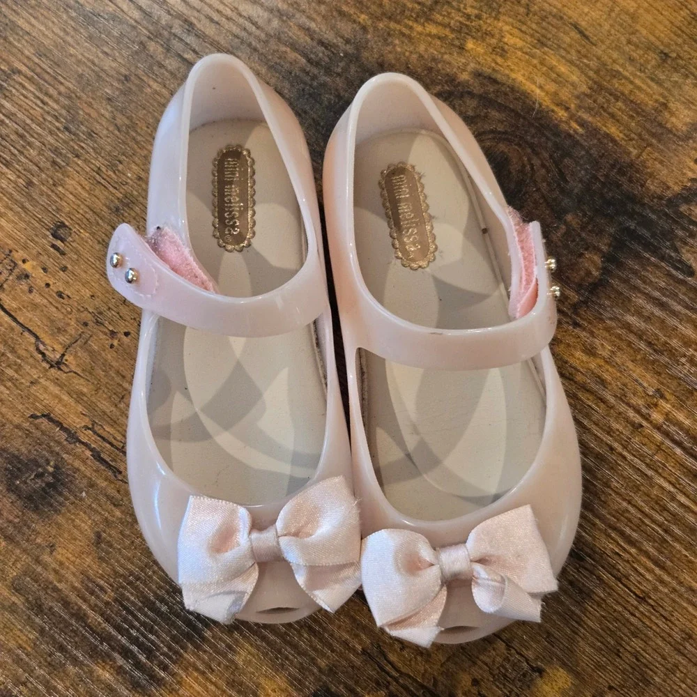 Mini Melissa Pink Jelly Mary Jane Bow Shoes Peep Toe Girls Size‎ 8 USA 22/23 EUR